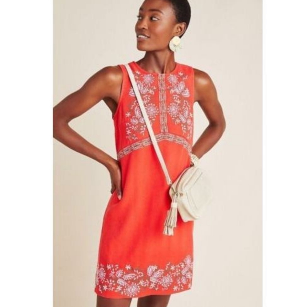 Anthropologie Aiko Red Embroidered Shift Dress